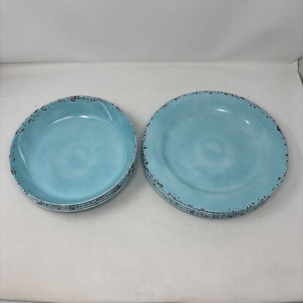Tommy Bahama Melamine Aqua Distressed Crackle 4 Bowls 9" 4 Plates 10.5" Set of 8